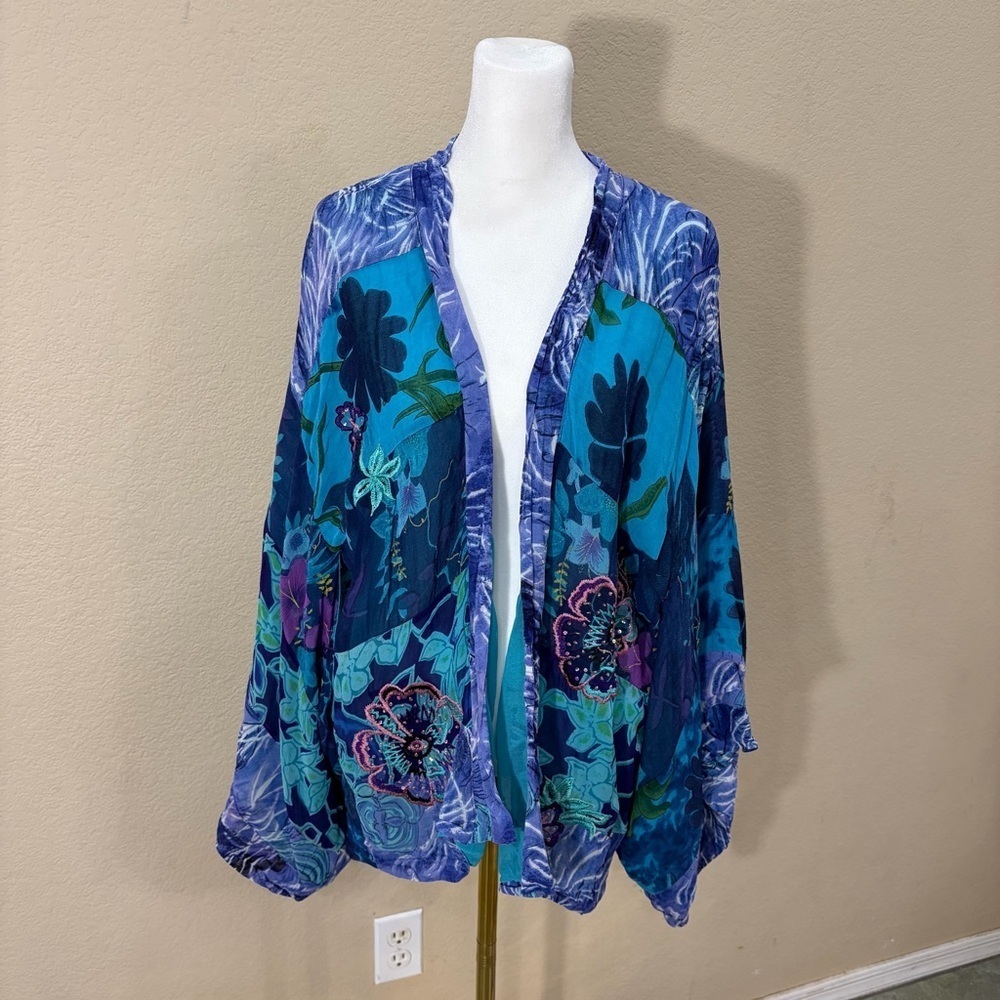 Half Moon Bay Womens Blue Floral Beaded Embroidered Open Kimono Sz L Boho Hippie